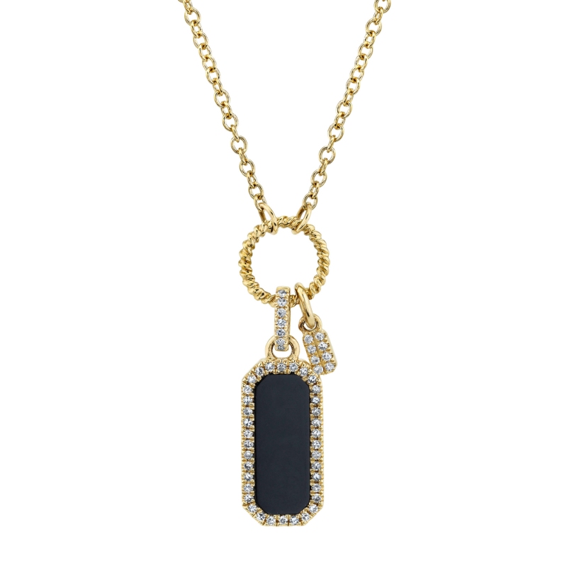 Shy Creation Natural Onyx Pendant Necklace 1/10 Ct Tw Diamonds 14K Yellow Gold 18"