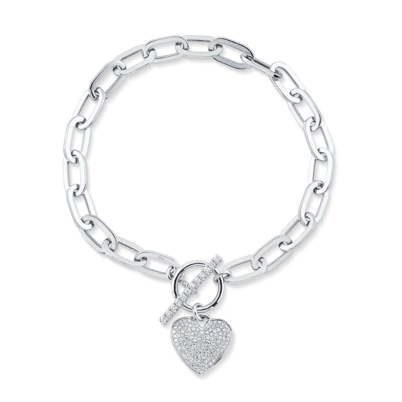 0.41Ct 14K White Gold Diamond Paper Clip Link Pave Heart Bracelet