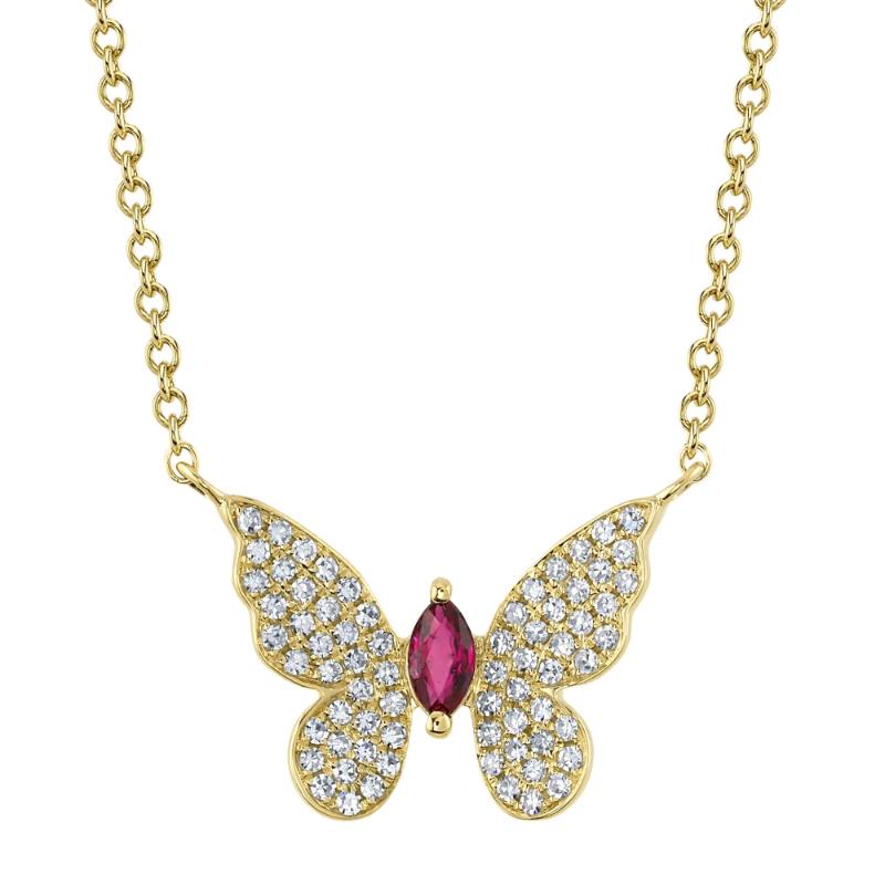 0.16Ct Diamond & 0.09Ct Ruby 14K Yellow Gold Marquise Butterfly Necklace