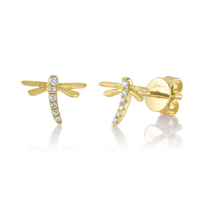 0.05Ct 14K Yellow Gold Diamond Dragonfly Matte Earrings