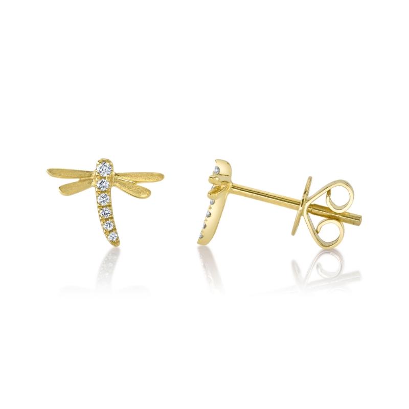0.05Ct 14K Yellow Gold Diamond Dragonfly Matte Earring
