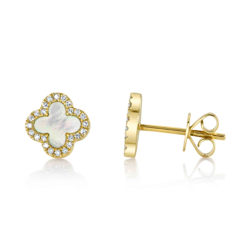 0.11Ct Diamond & 0.35Ct Mother Of Pearl 14K Yellow Gold Clover Earring