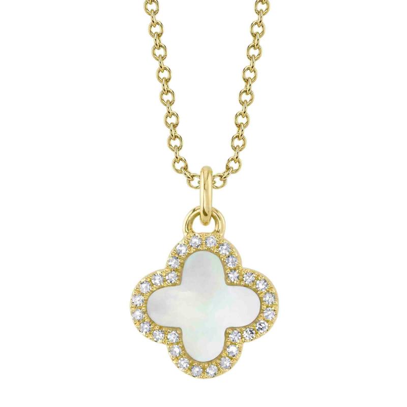0.08Ct Diamond &  0.41Ct Mother Of Pearl 14K Yellow Gold Clover Necklace