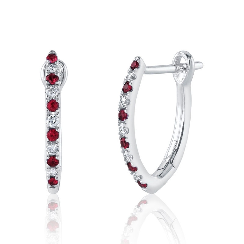 0.09Ct Diamond & 0.14Ct Ruby 14K White Gold Hoop Earrings