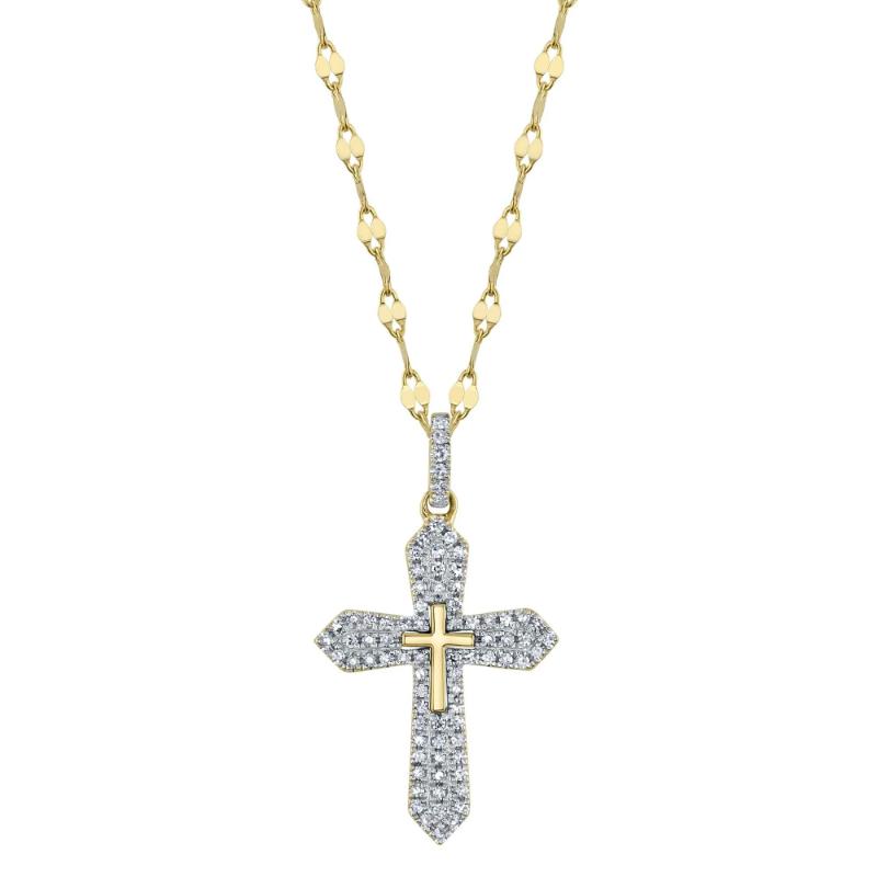 0.17Ct 14K Yellow Gold Diamond Pave Cross Sparkle Chain Necklace