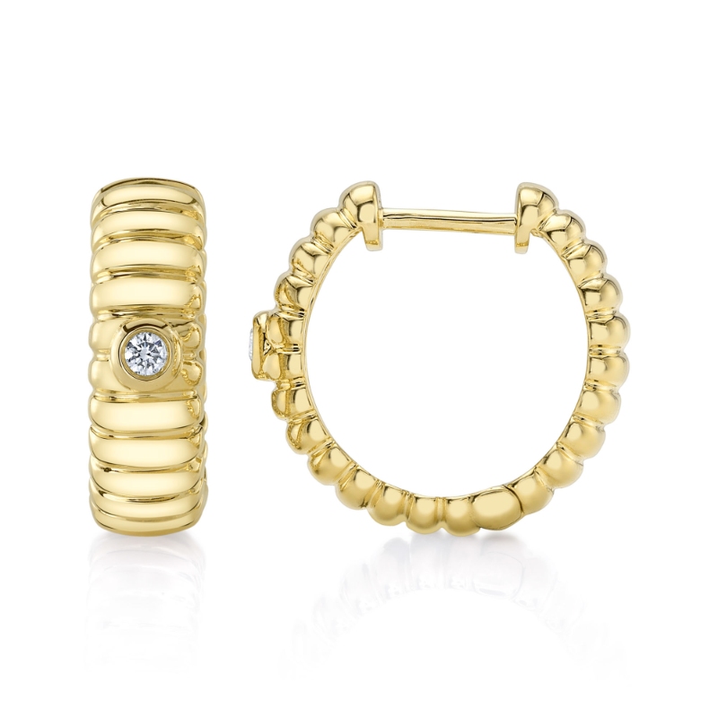 0.05Ct 14K Yellow Gold Diamond Bezel Ribbed Hoop Earring