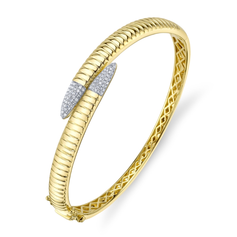 0.24Ct 14K Yellow Gold Diamond Pave Ribbed Bangle