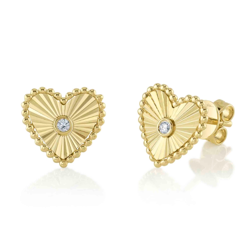 0.04Ct 14K Yellow Gold Diamond Bezel Ribbed Heart Stud Earrings