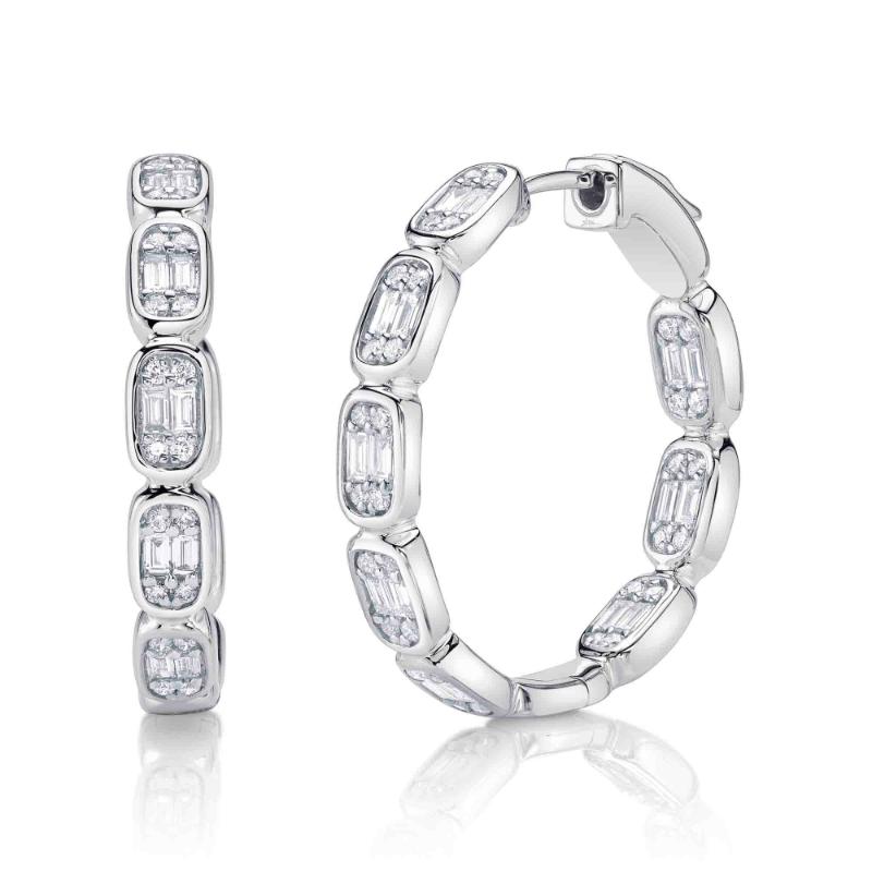 0.90Ct 14K White Gold Diamond Baguette Hoop Earrings