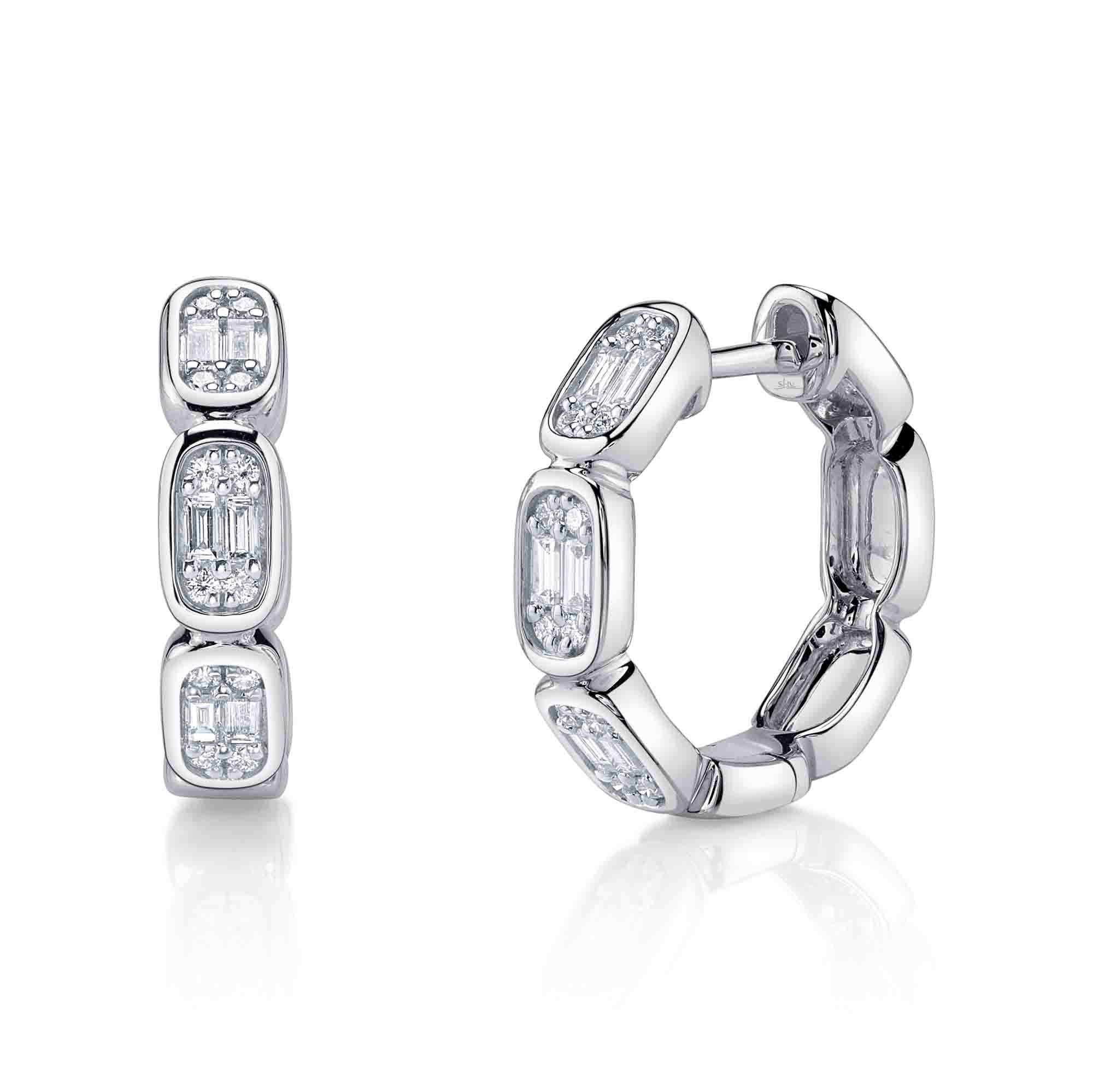 0.39Ct 14K White Gold Diamond Baguette Octagon Hoop Earrings