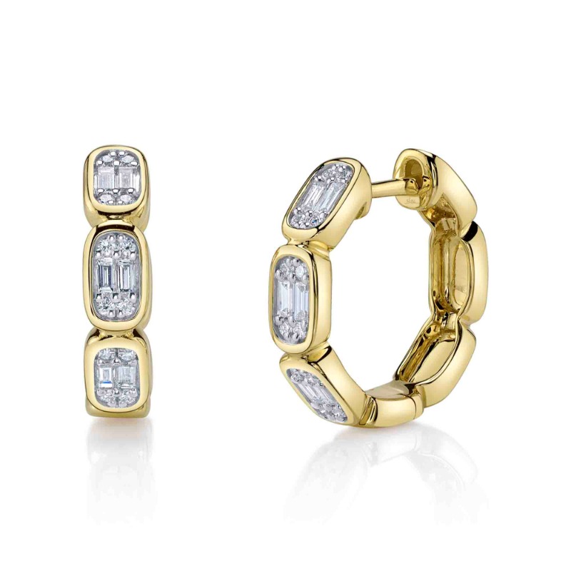 0.39Ct 14K Yellow Gold Diamond Baguette Octagon Hoop Earrings