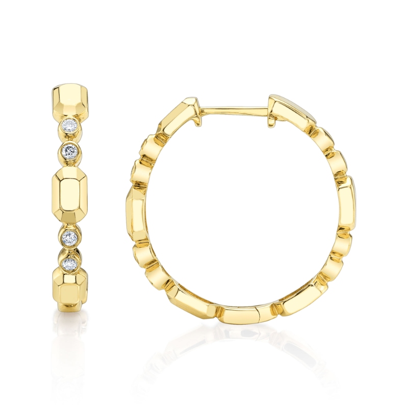 0.12Ct 14K Yellow Gold Diamond Bezel Geo Cut Hoop Earring
