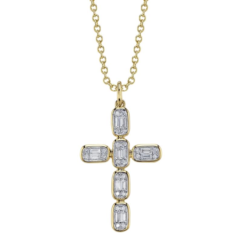 0.30Ct 14K Yellow Gold Diamond Baguette Cross Necklace