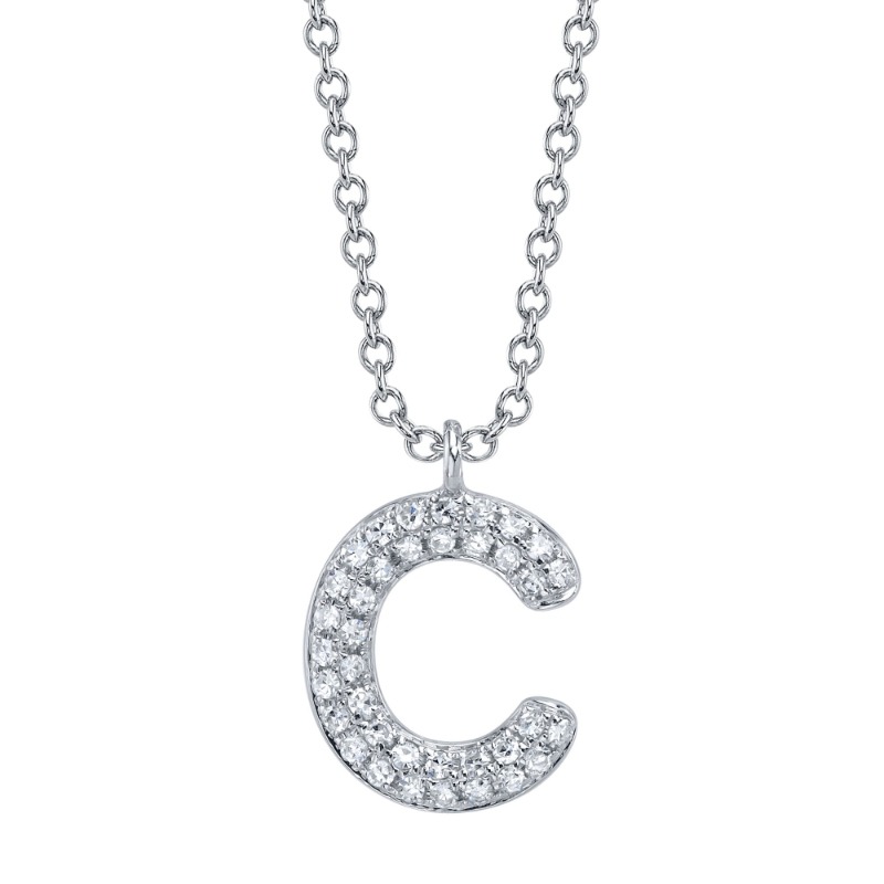 0.08Ct 14K White Gold Diamond Pave Necklace - Initial C