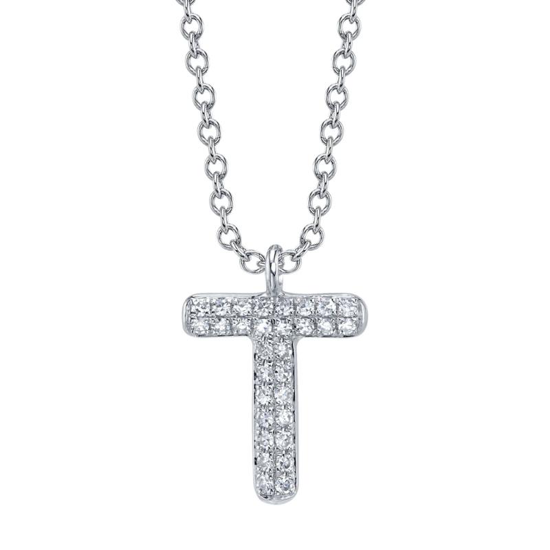 0.06Ct 14K White Gold Diamond Pave Necklace - Initial T