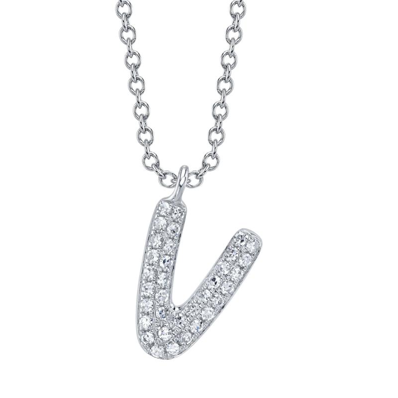 0.07Ct 14K White Gold Diamond Pave Necklace - Initial V
