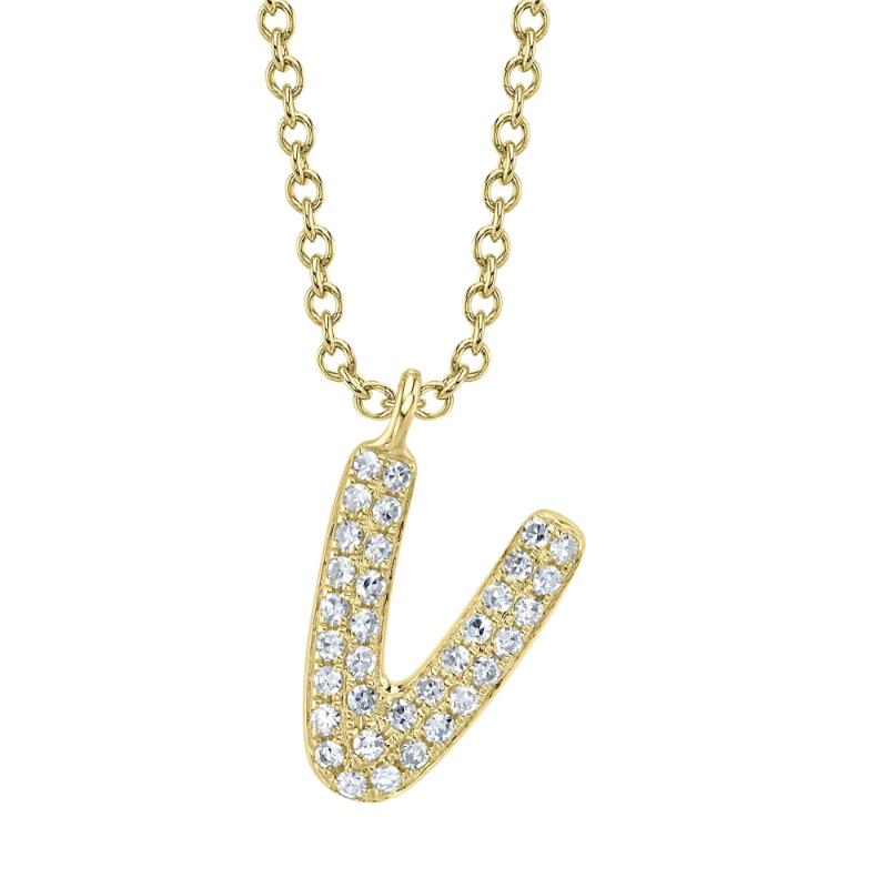 0.07Ct 14K Yellow Gold Diamond Pave Necklace - Initial V