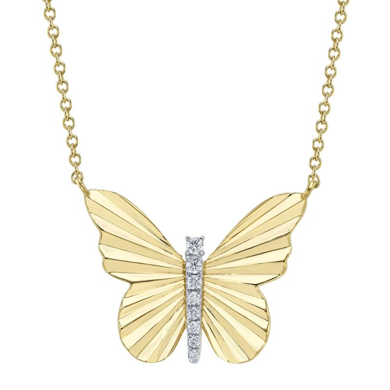 0.06Ct 14K Yellow Gold Diamond Ribbed Butterfly Necklace