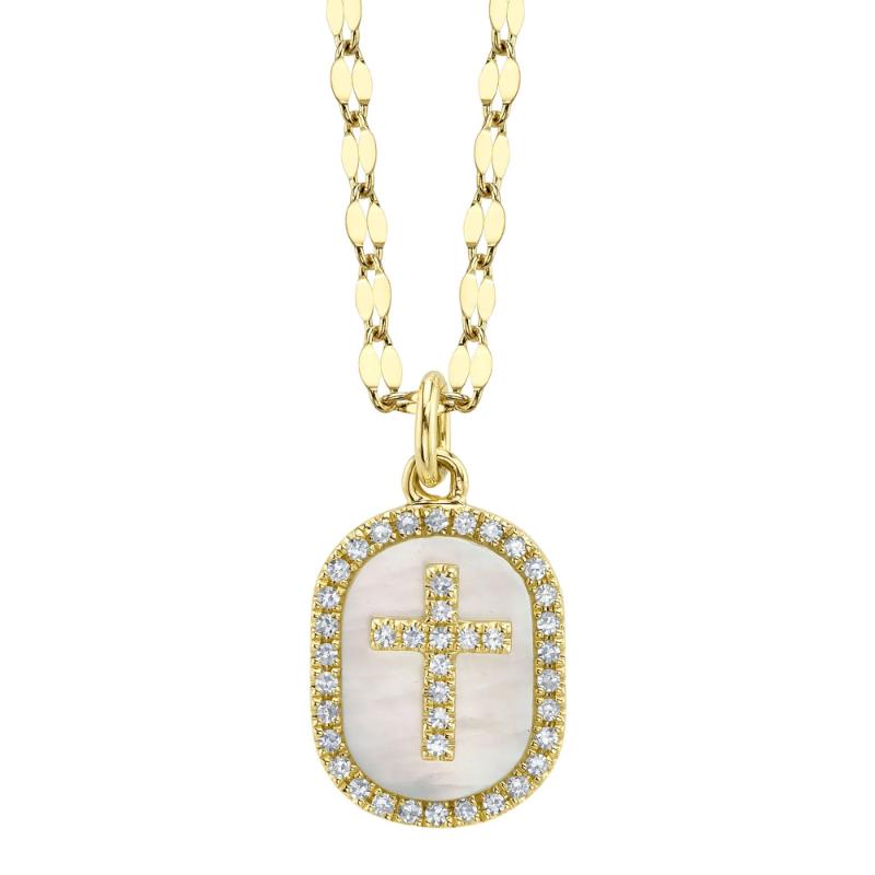 0.11Ct Diamond & 0.95Ct Mother Of Pearl 14K Yellow Gold Oval Cross Sparkle Chain Necklace