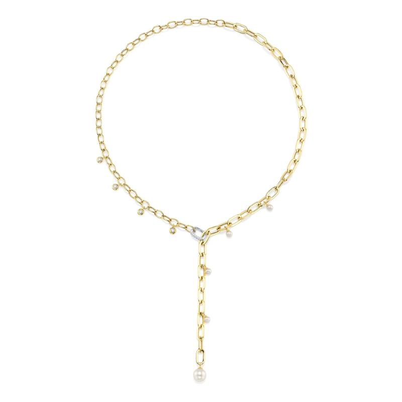 0.27Ct 14K Two Tone Diamond & Cultured Pearl Bezel Paper Clip Link Necklace