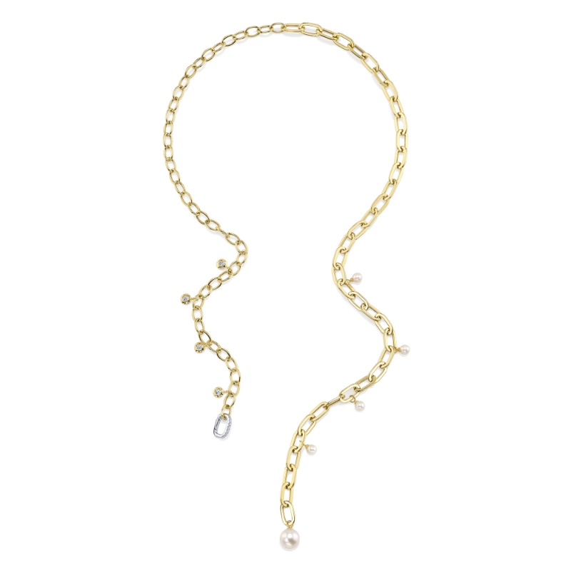 0.27Ct 14K2T Y/W Diamond & Cultured Pearl Bezel Paper Clip Link Necklace