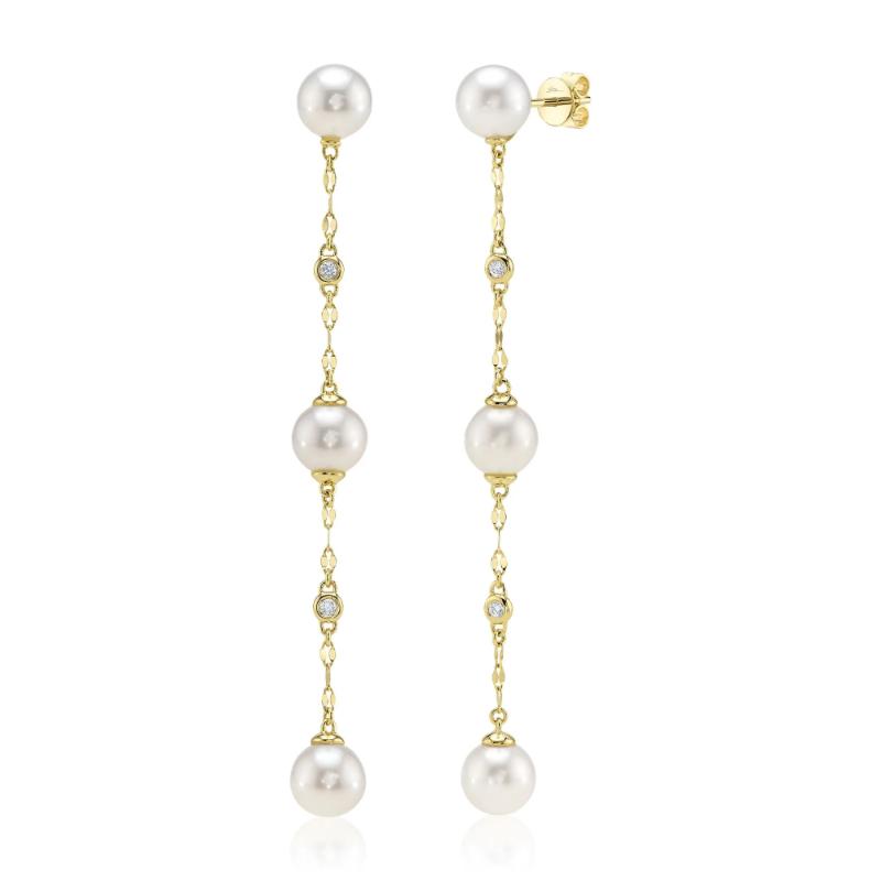 0.09Ct 14K Yellow Gold Diamond & Cultured Pearl Sparkle Chain Earrings