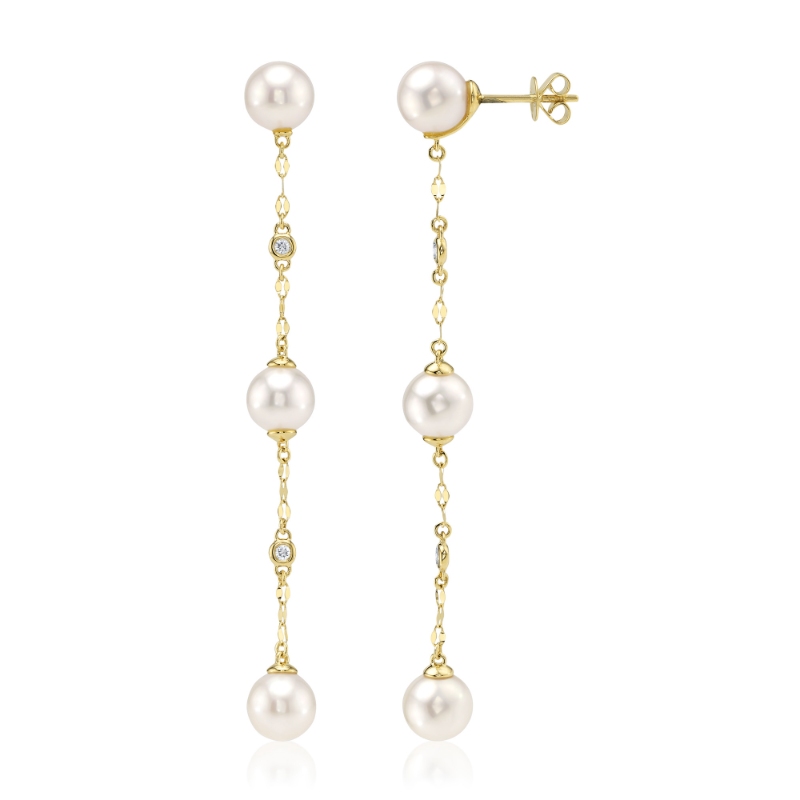 0.09Ct 14K Yellow Gold Diamond & Cultured Pearl Sparkle Chain Earring