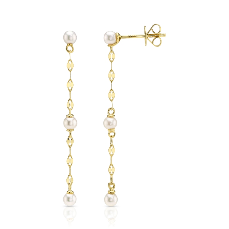 14K Yellow Gold Cultured Pearl Sparkle Chain Earring
