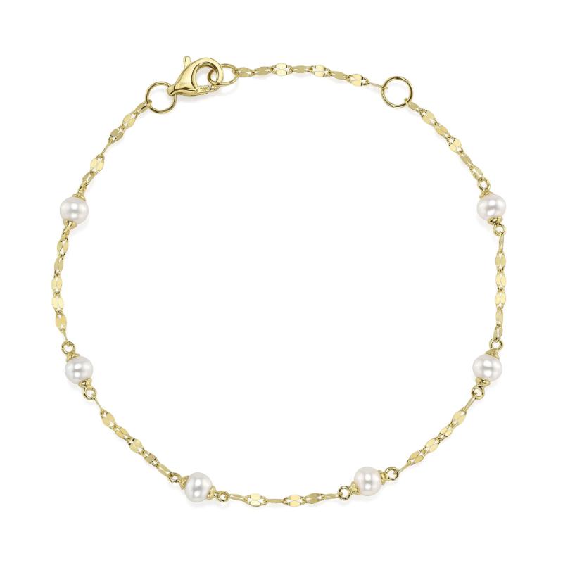 14K Yellow Gold Cultured Pearl Sparkle Chain Bracelet