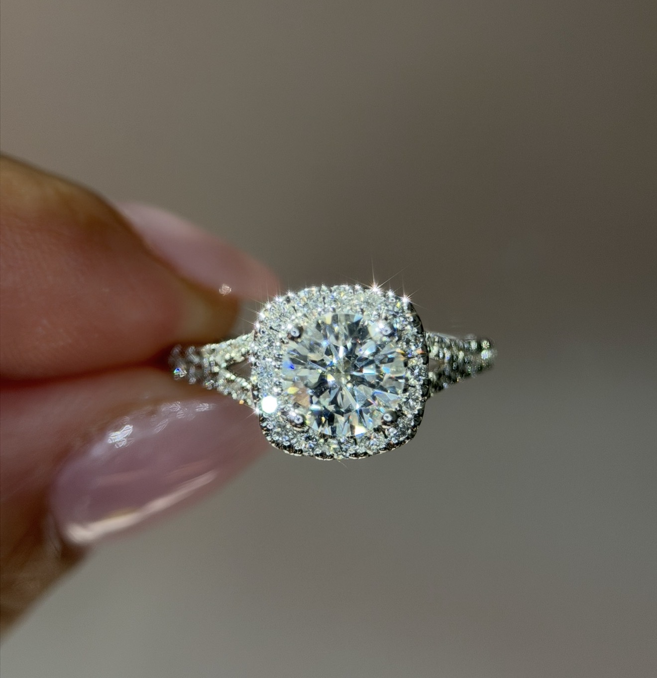 White Gold Round Halo Split Shank Engagement Ring