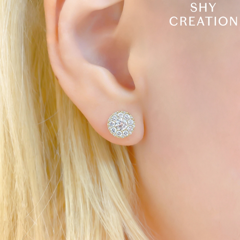 0.47Ct-Ctr(Round) 0.53Ct-Side 14K White Gold Diamond Cluster Stud Earrings