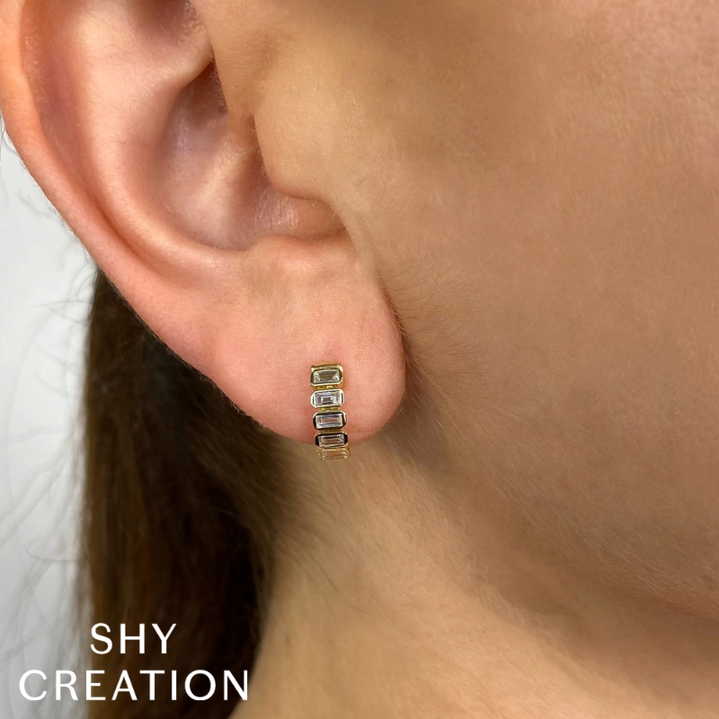 0.59Ct 14K Yellow Gold Diamond Baguette Bezel Huggie Earring