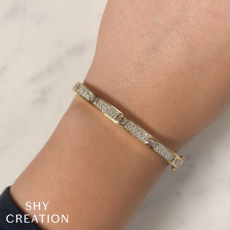 1.80Ct 14K Yellow Gold Diamond Emerald Bezel Pave Bangle