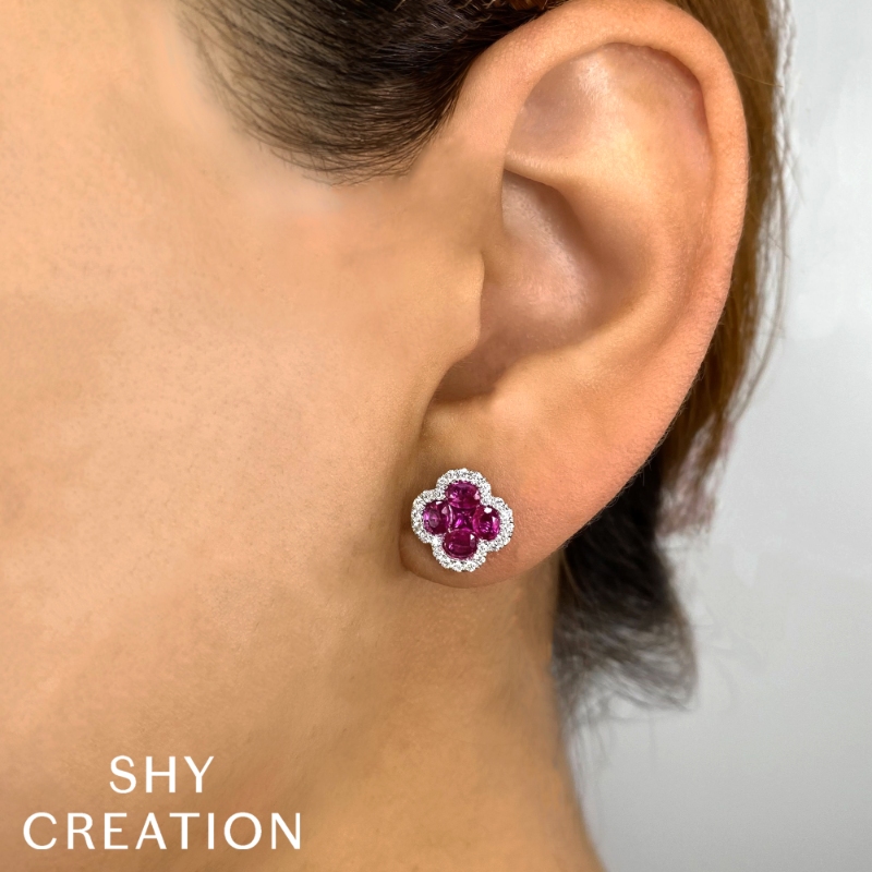 0.33Ct Diamond & 2.03Ct Ruby 14K White Gold Clover Stud Earring