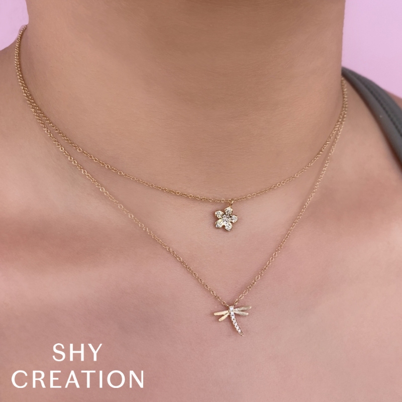 0.03Ct 14K Yellow Gold Diamond Dragonfly Matte Necklace