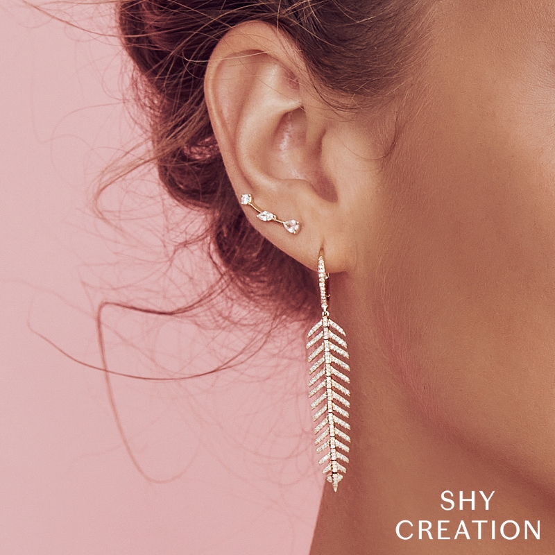 0.60Ct 14K Yellow Gold Diamond Feather Earring