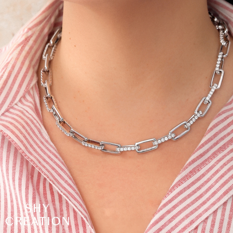 13.01Ct 14K White Gold Diamond Pave Paper Clip Link Necklace
