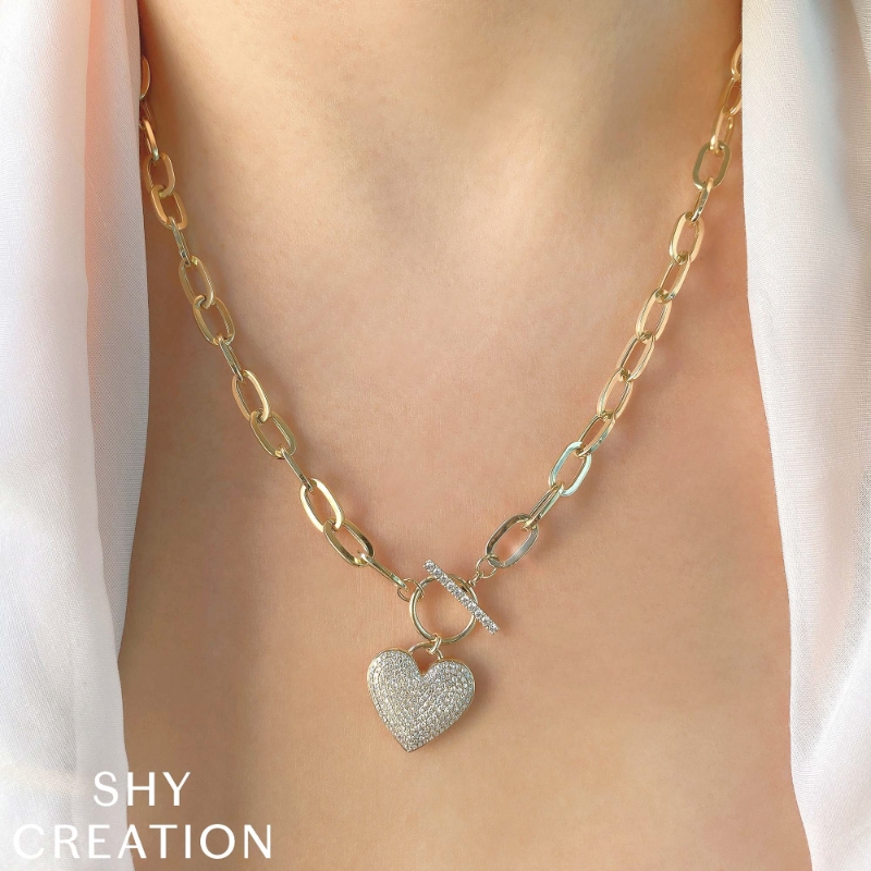 0.50Ct 14K Yellow Gold Diamond Pave Heart Paper Clip Link Necklace