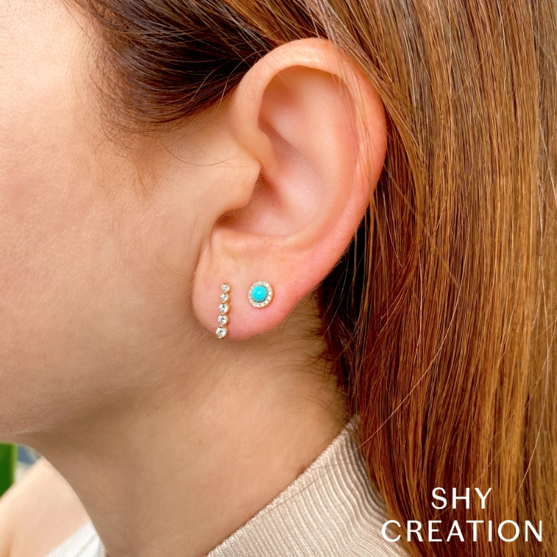0.10Ct Diamond & 0.23Ct Composite Turquoise 14K Yellow Gold Stud Earring