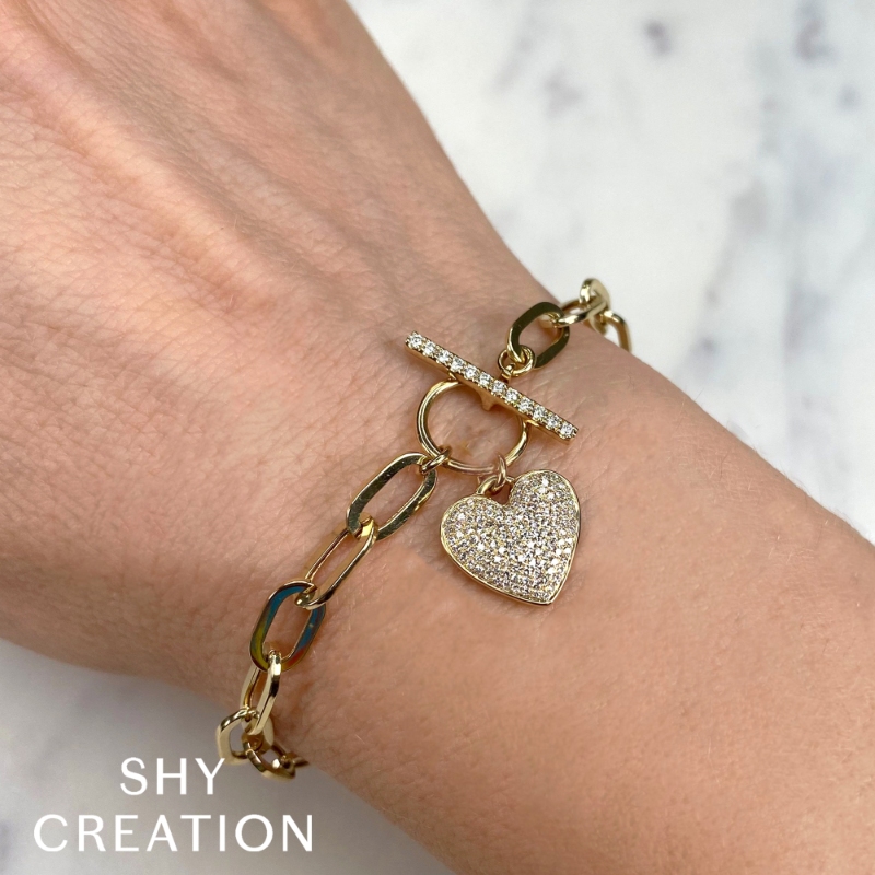 0.41Ct 14K Yellow Gold Diamond Pave Heart Paper Clip Link Bracelet