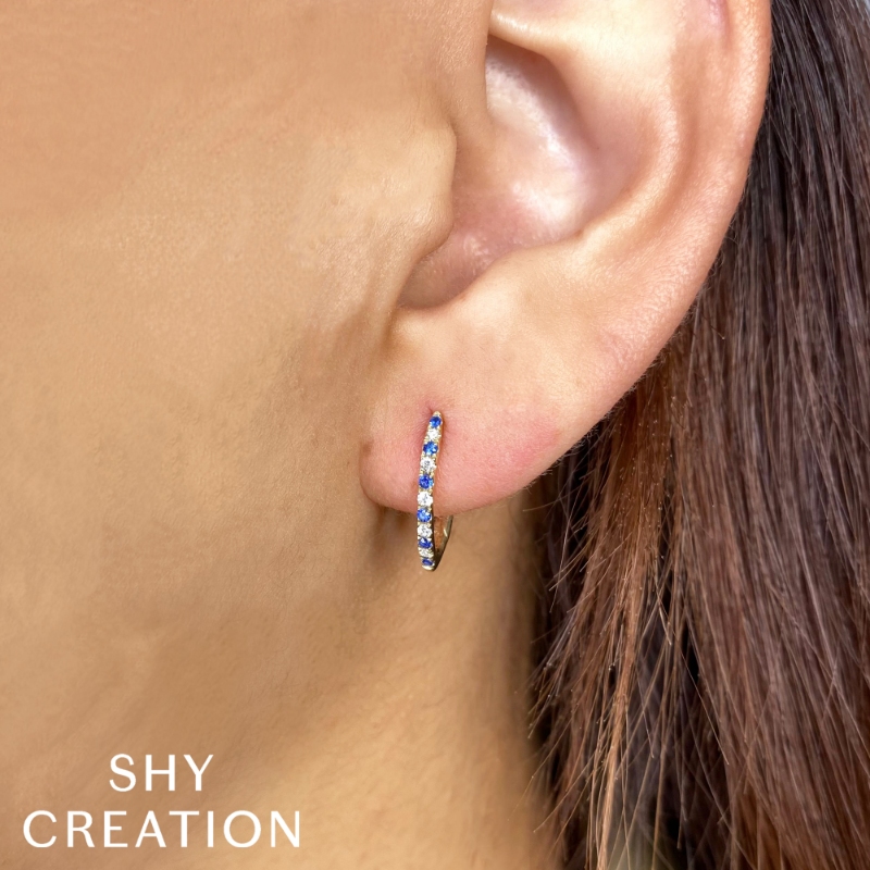 0.09Ct Diamond & 0.14Ct Blue Sapphire 14K White Gold Hoop Earring