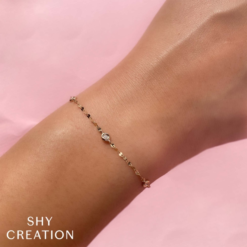 0.10Ct 14K Yellow Gold 7 Bezel-Set Diamond Station Sparkle Chain Bracelet