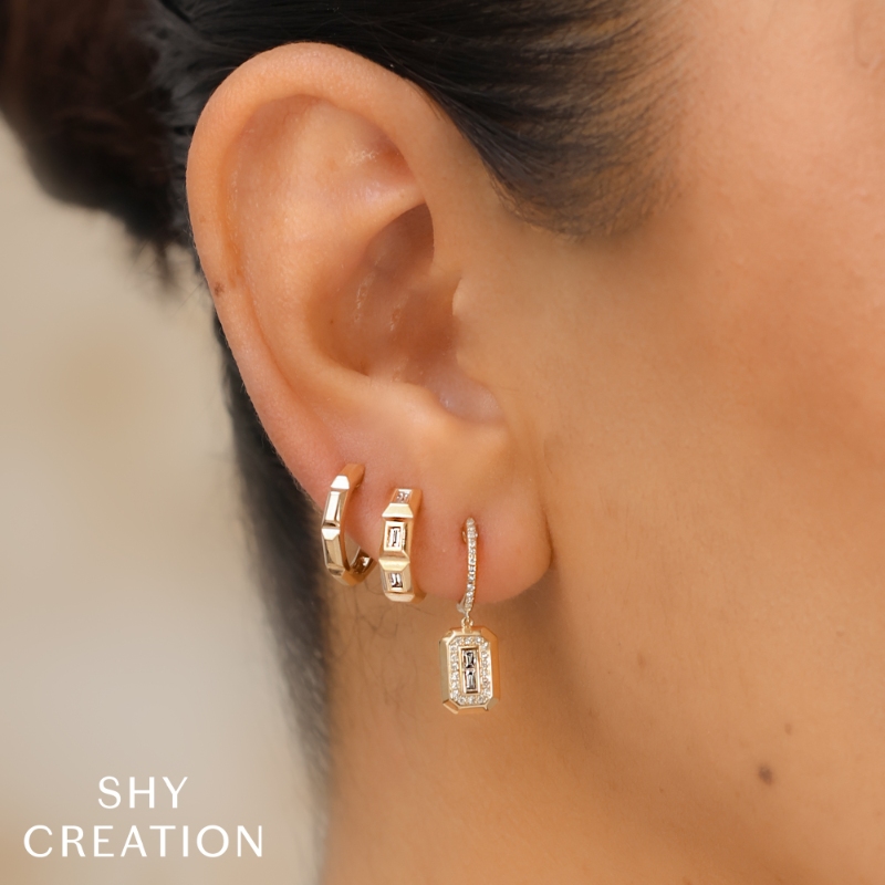 14K Yellow Gold Octagon Geo Cut Huggie Earring