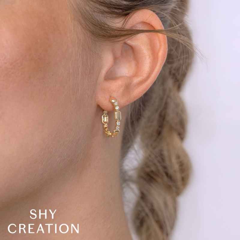 0.12Ct 14K Yellow Gold Diamond Bezel Geo Cut Hoop Earring