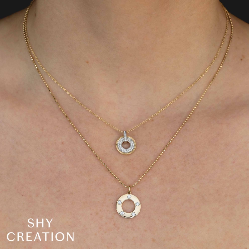0.24Ct 14K Yellow Gold Diamond Circle Faceted Ball Chain Necklace