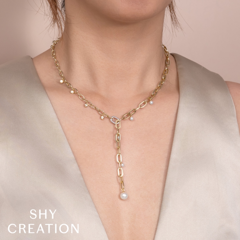 0.27Ct 14K2T Y/W Diamond & Cultured Pearl Bezel Paper Clip Link Necklace