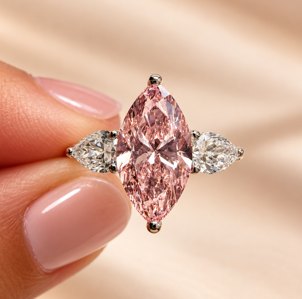 2.25 Marquise Cut Three Stone Pink Diamond Engagement Ring