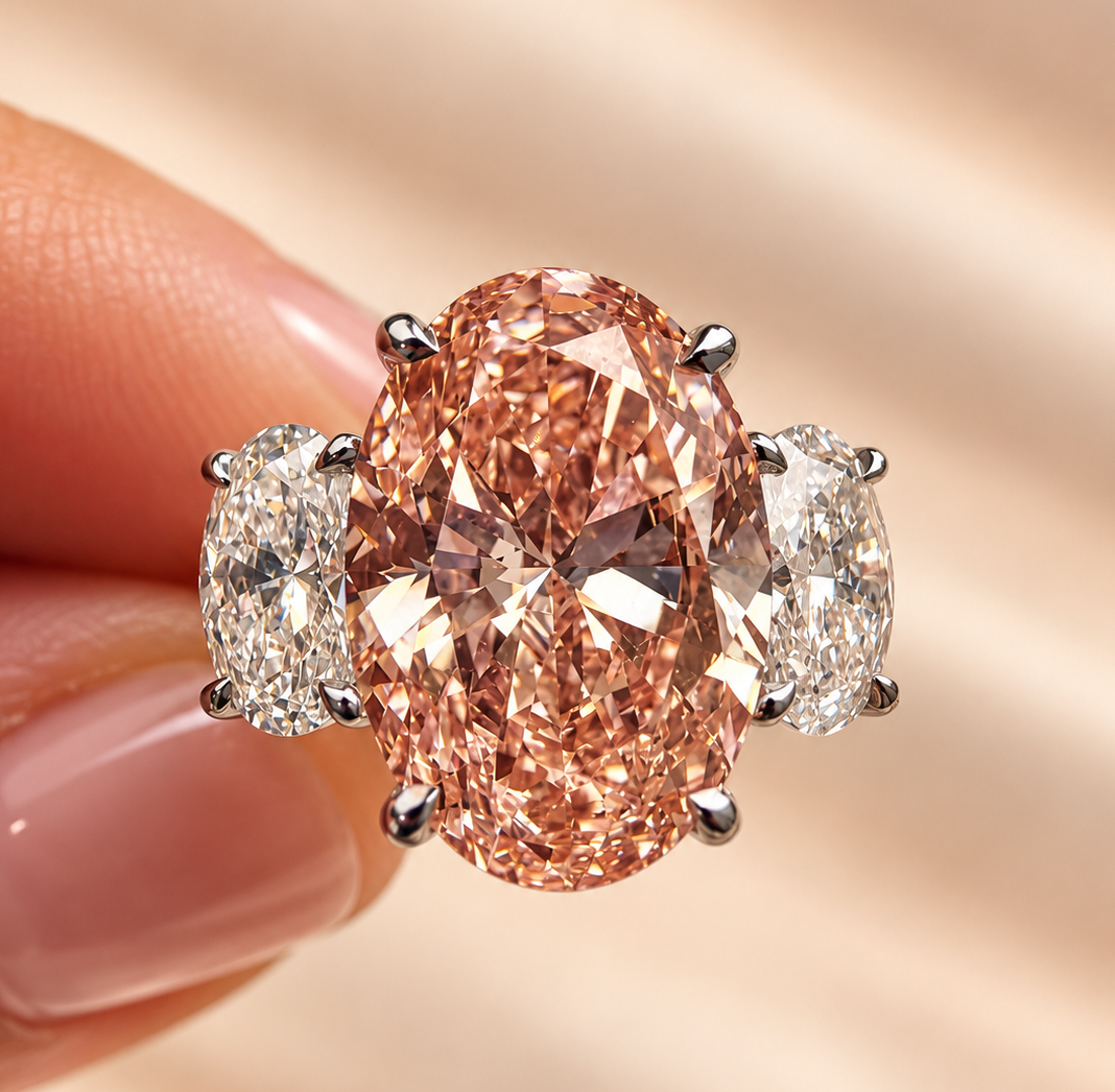 6.89 Oval Cut Three Stone Pink Diamond Engagement Ring