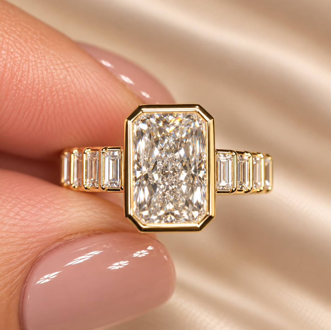 3.71 Carat Bezel Set Radiant Cut Diamond Engagement Ring