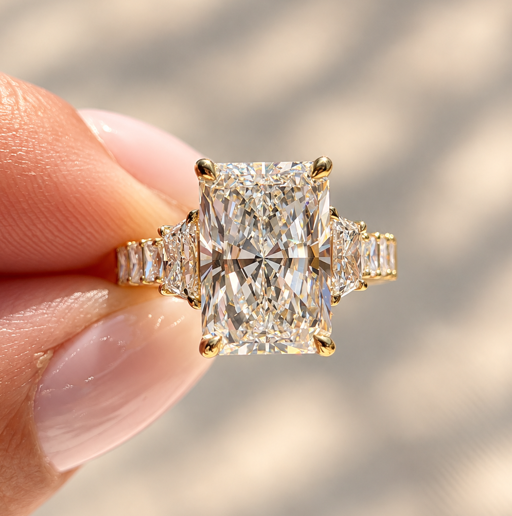 8.68 Carat Radiant Cut Three Stone  Diamond Ring